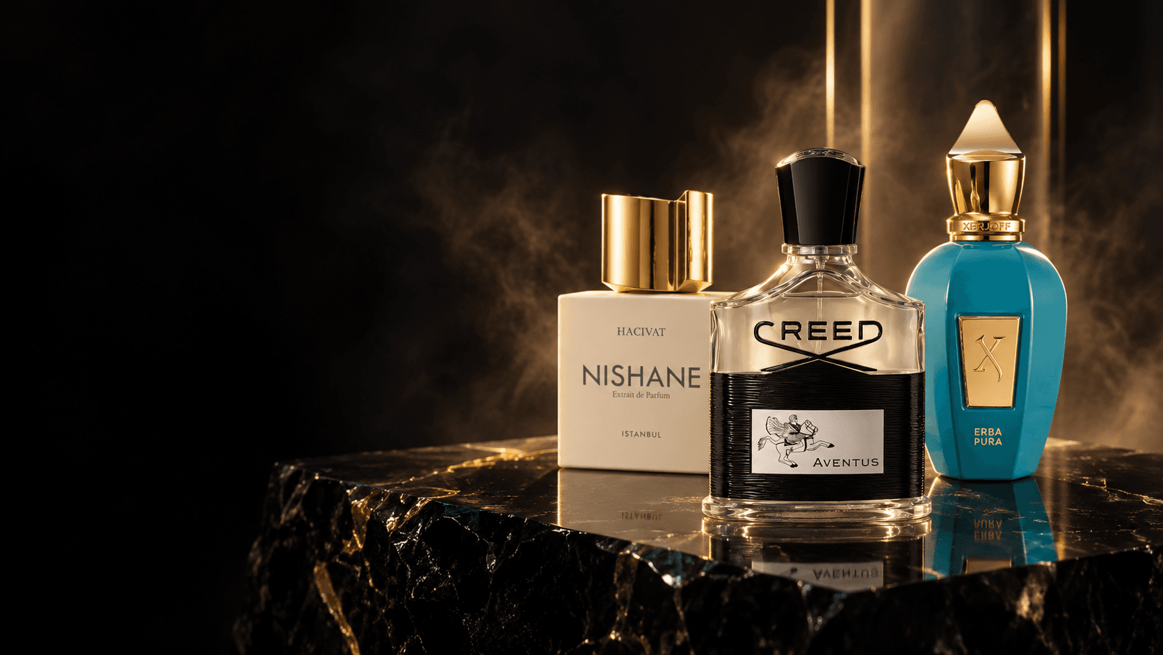 Creed Aventus, Nishane Hacivat e Xerjoff Erba Pura em uma composição exclusiva